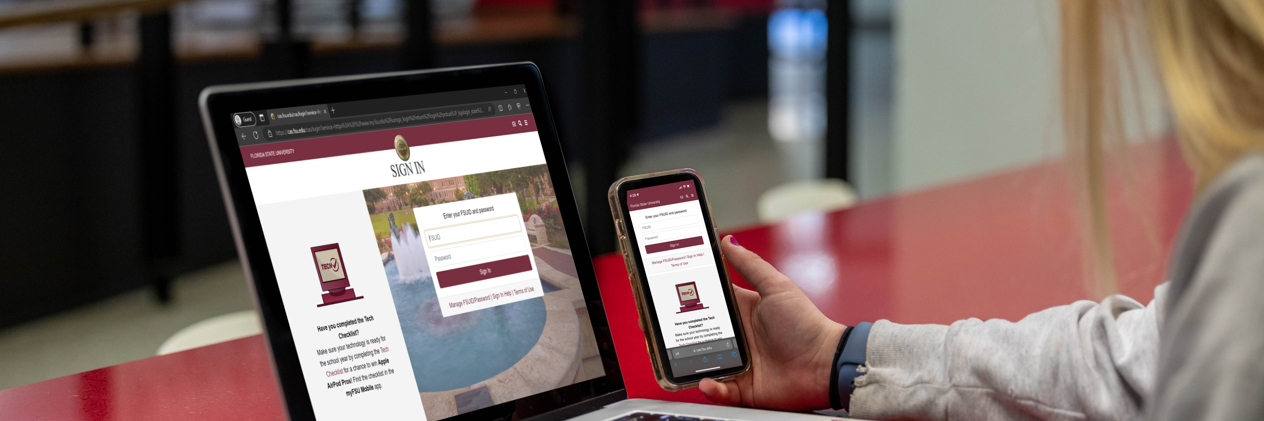 a user looking at a CAS login screen on their laptop and on their mobile device