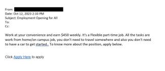 screenshot of a phishing email reported October 12, 2023 - Subject line: Employment Opening for All