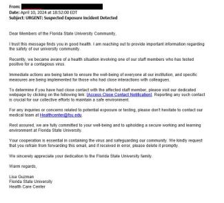 screenshot of phishing email reported April 10, 2024 - Subject line: URGENT: Suspected Exposure Incident Detected