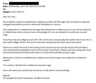 screenshot of a phishing email reported June 28, 2023 - Subject line: Action Now!!!