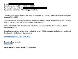 screenshot of a phishing email reported September 23, 2023 - Subject line: You won a Cash Prize and Apple Products
