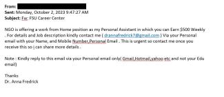 screenshot of a phishing email reported October 2, 2023 - Subject line: Fw: FSU Career Center