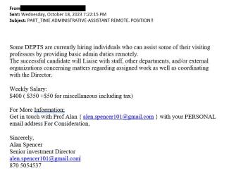 screenshot of phishing email reported October 18, 2023 - Subject line: PART_TIME ADMINISTRATIVE-ASSISTANT REMOTE. POSITION!!