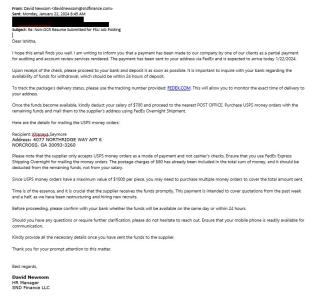 screenshot of phishing email reported January 22, 2024 - Subject line: Re: Non-OCR Resume Submitted for FSU Job Posting