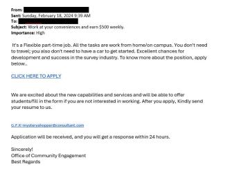 screenshot of phishing email reported February 18, 2024 - Subject line: Work at your conveniences and earn $500 weekly.