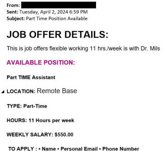 screenshot of phishing email reported April 2, 2024 - Subject line: Part Time Position Available