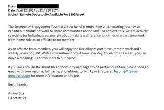 screenshot of a phishing email reported April 22, 2024 - Subject line: Remote Opportunity Available for $500/week