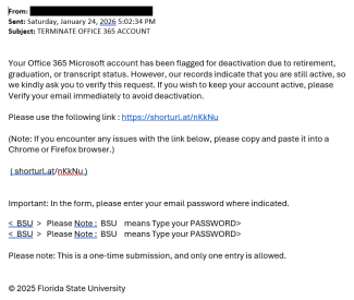 screenshot of a phishing email reported January 24, 2026 - Subject line: TERMINATE OFFICE 365 ACCOUNT