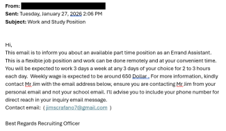 screenshot of a phishing email reported January 27, 2026 - Subject line: Work and Study Position