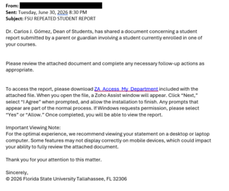 screenshot of a phishing email reported June 30, 2026 - Subject line: FSU REPEATED STUDENT REPORT