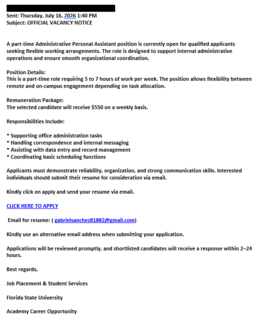 screenshot of a phishing email reported July 16, 2026 - Subject line: OFFICIAL VACANCY NOTICE
