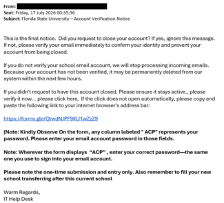 screenshot of a phishing email reported July 17, 2026 - Subject line: Florida State University - Account Verification Notice