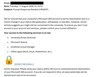 screenshot of a phishing email reported August 11, 2026 - Subject line: Prompt Response Needed (URGENT)