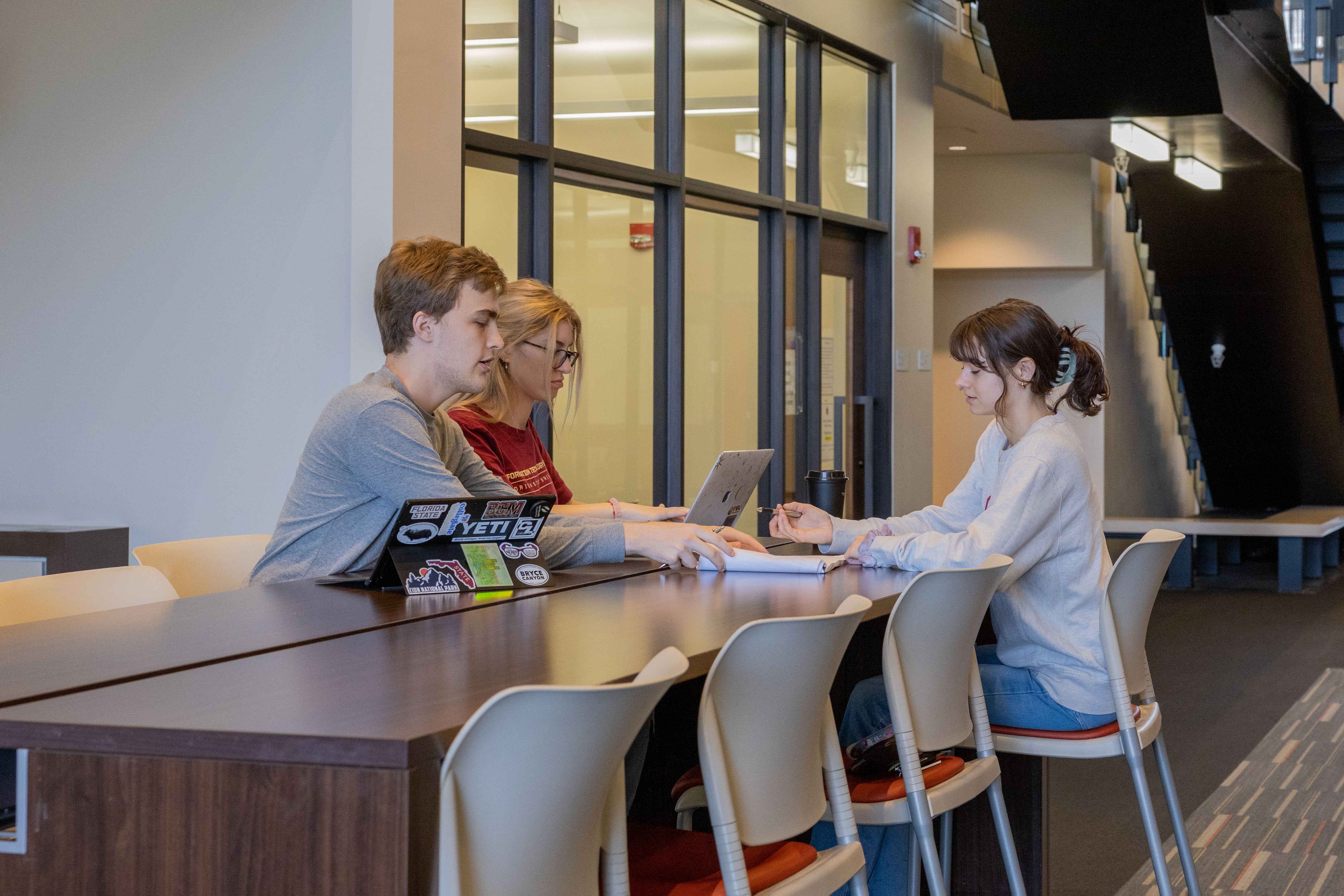 Two female students and one male student collaborating. 