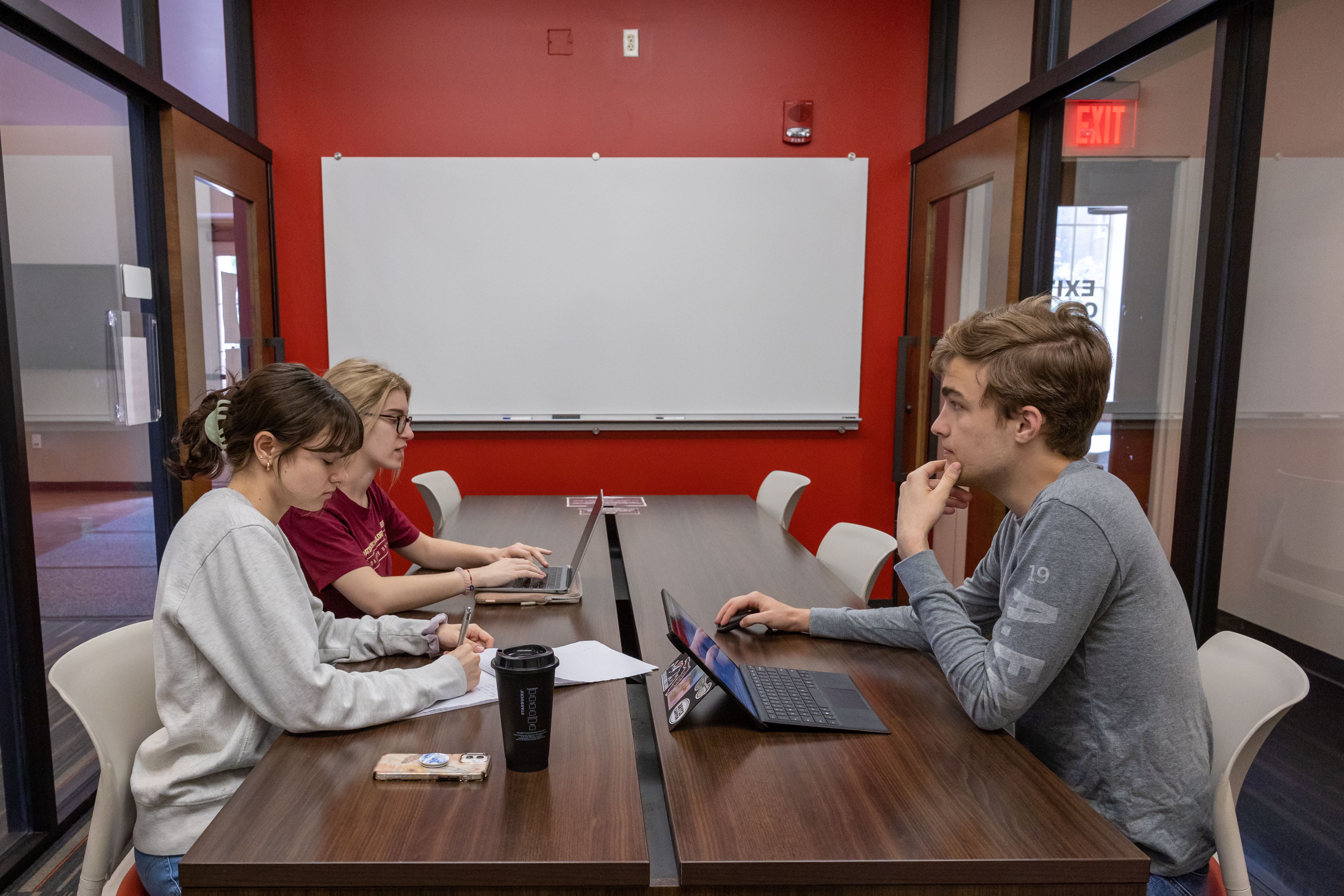 Two female students and one male student working together in a study room.